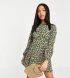 Asos Design Petite Long Sleeve Tie Back Mini Dress In Bright Floral-pink