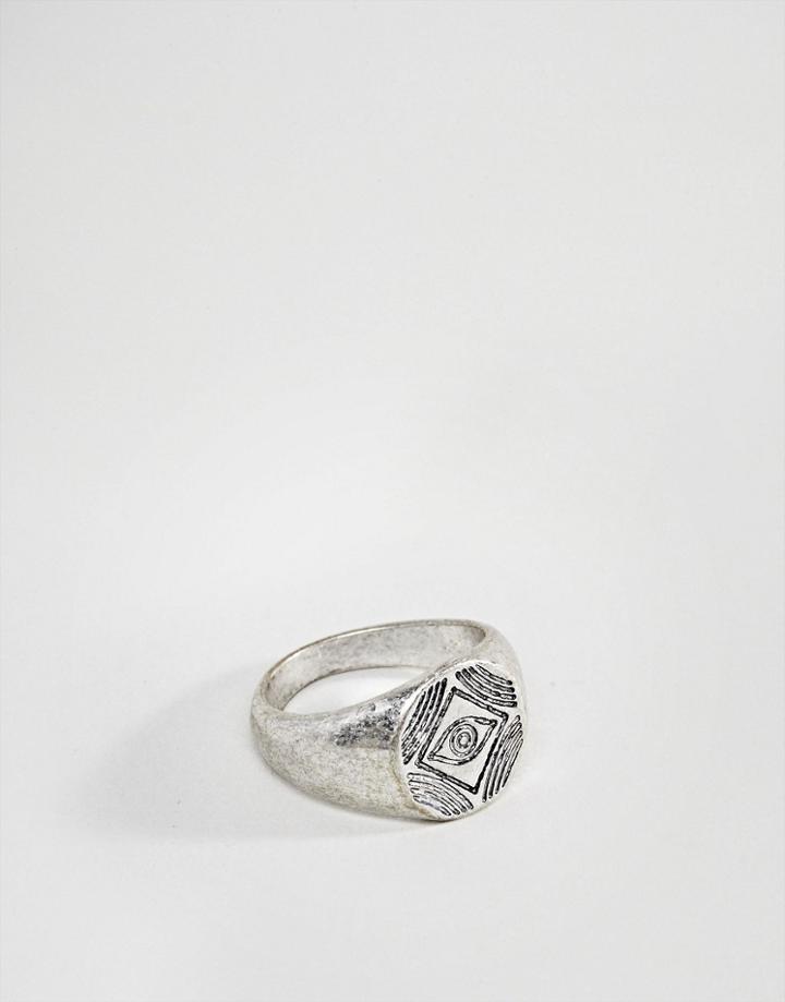 Asos Signet Ring With Engraving In Burnished Silver - Silver