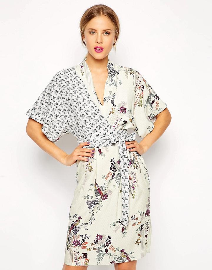 Asos Pencil Dress With Drape Top In Floral And Bird Print - Multi