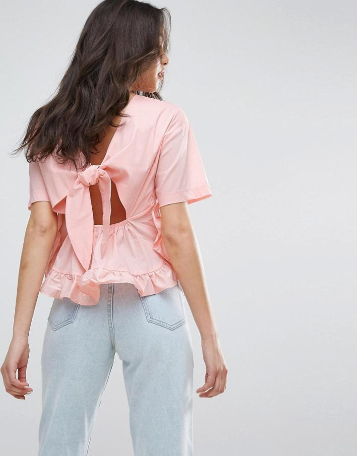 Lost Ink Frill T-shirt With Tie Up Bow Back - Pink