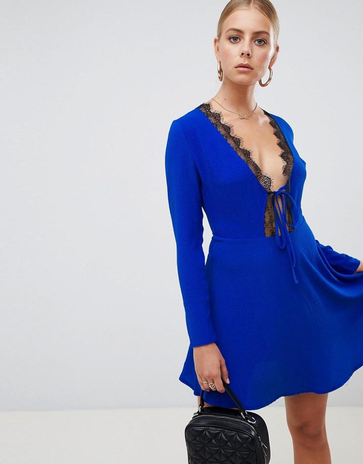 Missguided Lace Trim Skater Dress - Blue