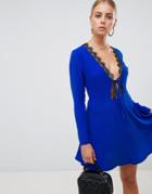 Missguided Lace Trim Skater Dress - Blue