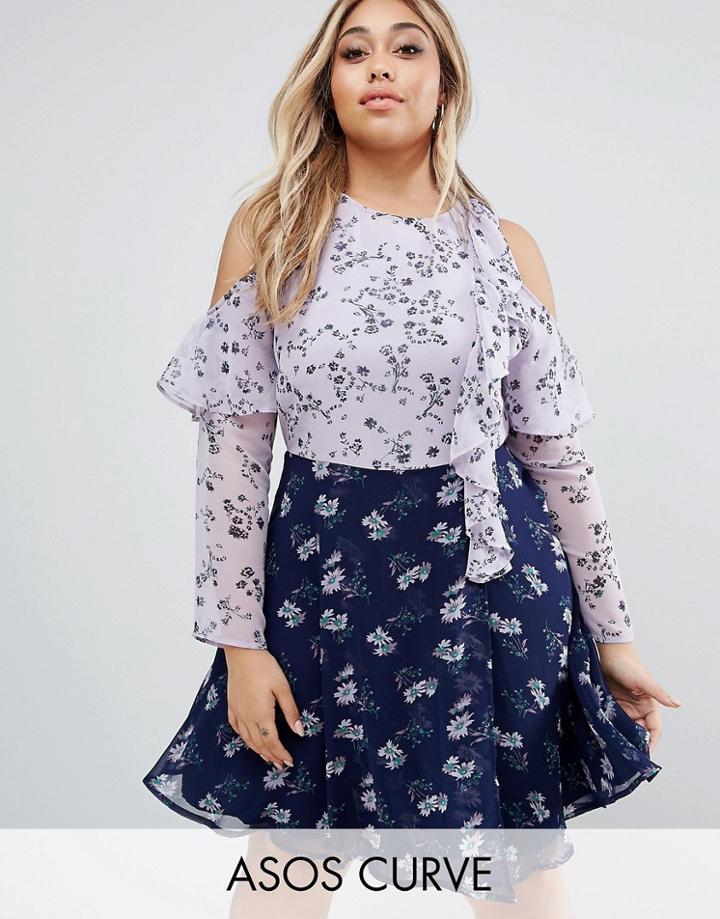 Asos Curve Mixed Print Mono Ditsy Skater Dress - Multi