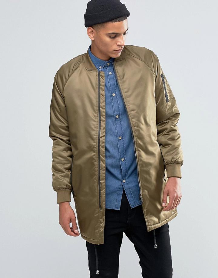 !solid Longline Padded Bomber - Green
