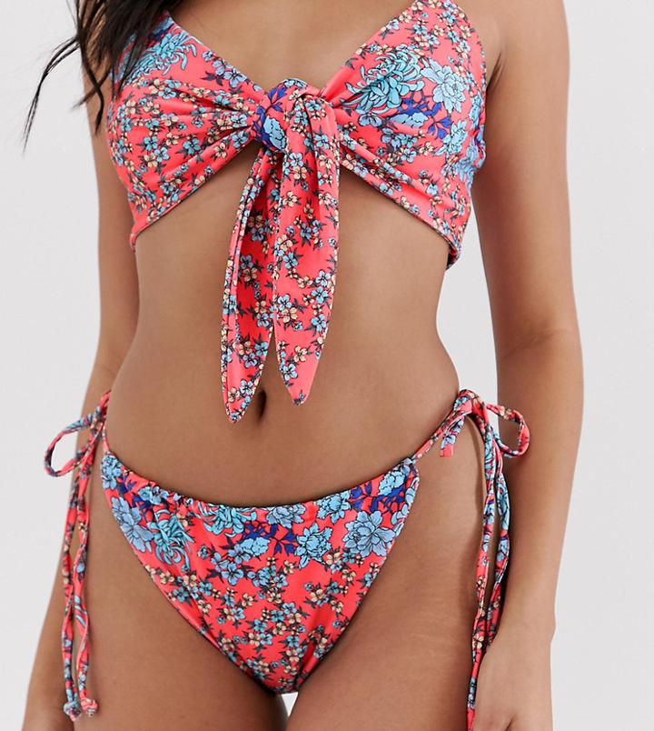 Prettylittlething Tie Side Bikini Bottoms In Red Ditsy - Multi