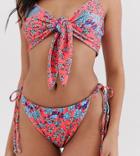 Prettylittlething Tie Side Bikini Bottoms In Red Ditsy - Multi