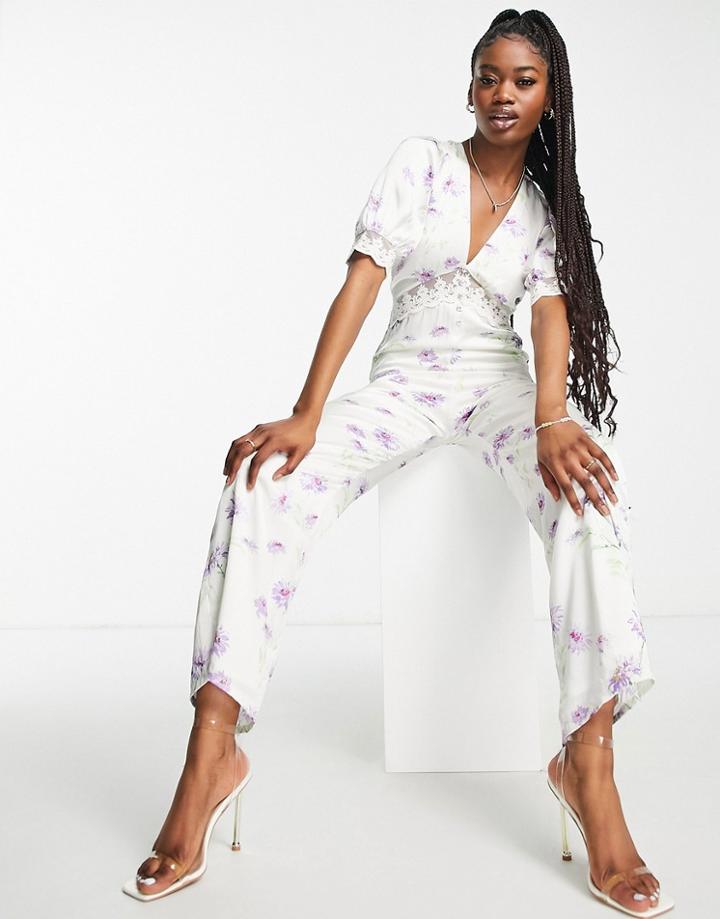 Hope & Ivy Eden Floral Jumpsuit In Cream-white
