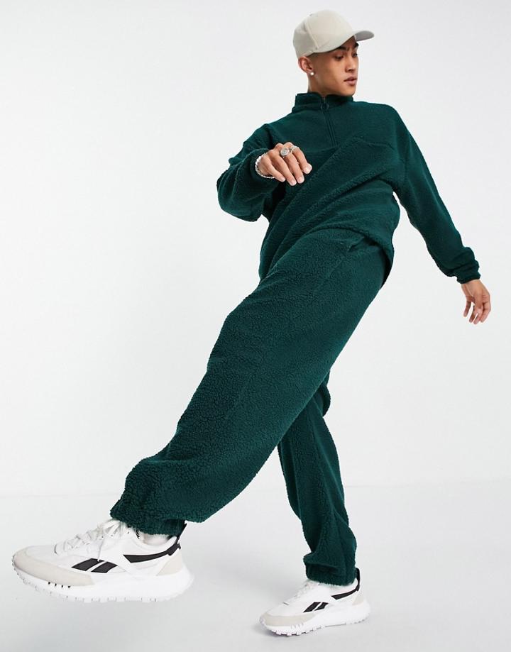 Asos Design Oversized Shearling Half Zip Sweatshirt In Dark Green - Part Of A Set