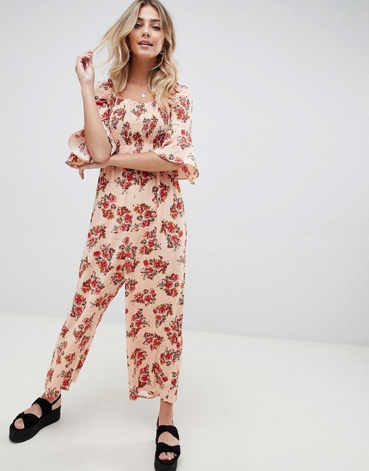 Asos Design Jumpsuit With Shirred Bodice In Ditsy Floral Print - Multi