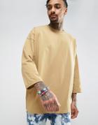 Asos Heavyweight Super Oversized T-shirt With 3/4 Length Roll Sleeve - Beige