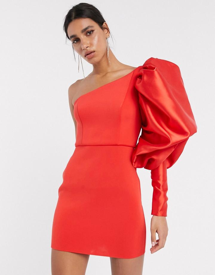 Asos Design Satin Power Puff One Shoulder Scuba Mini Dress In Bright Red-multi