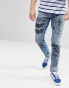 Asos Slim Jeans In Mid Wash Blue With Prints - Blue