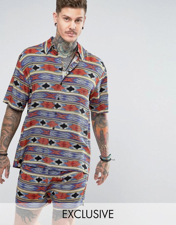Reclaimed Vintage Inspired Ikat Festival Shirt In Skater Fit - Blue