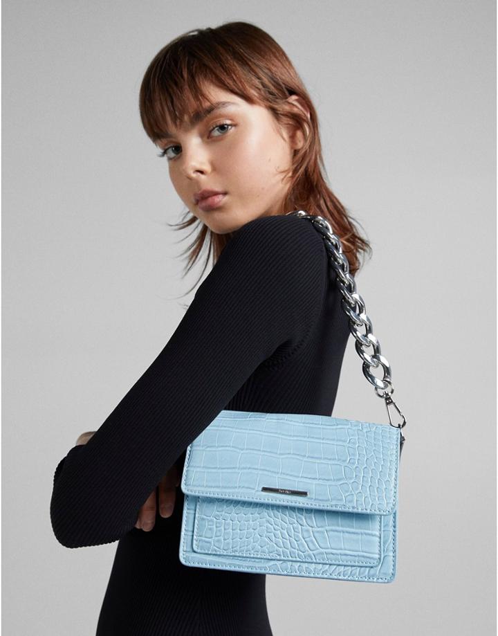 Bershka Croc Cross Body Bag With Chunky Chain In Blue-blues