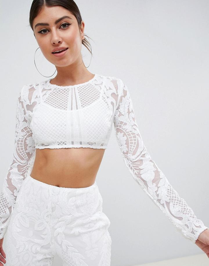 Club L Allover Baroque Sequin Crop Top In White - White