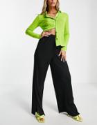 Asos Design Wide Leg Plisse Pant With Side Split In Black
