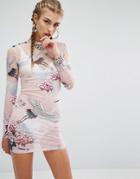 Jaded London Sheer High Neck Mini Boydcon Dress In Magic Print - Pink