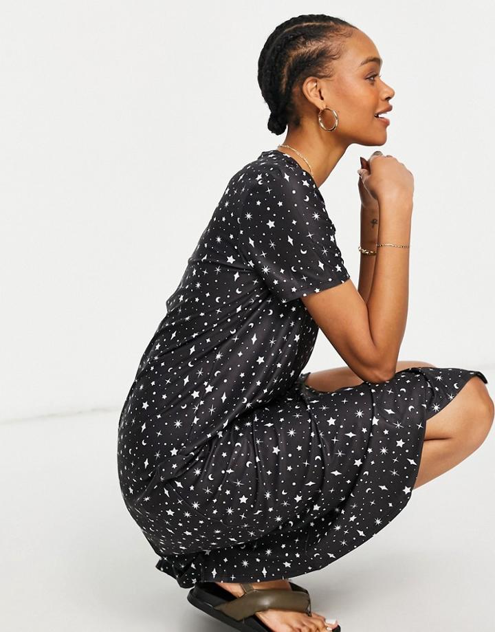 Urban Threads Midi T-shirt Dress In Black Multi Celestial Print