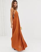 Asos Design Halter Trapeze Pleated Maxi Dress With Ring Detail - Brown
