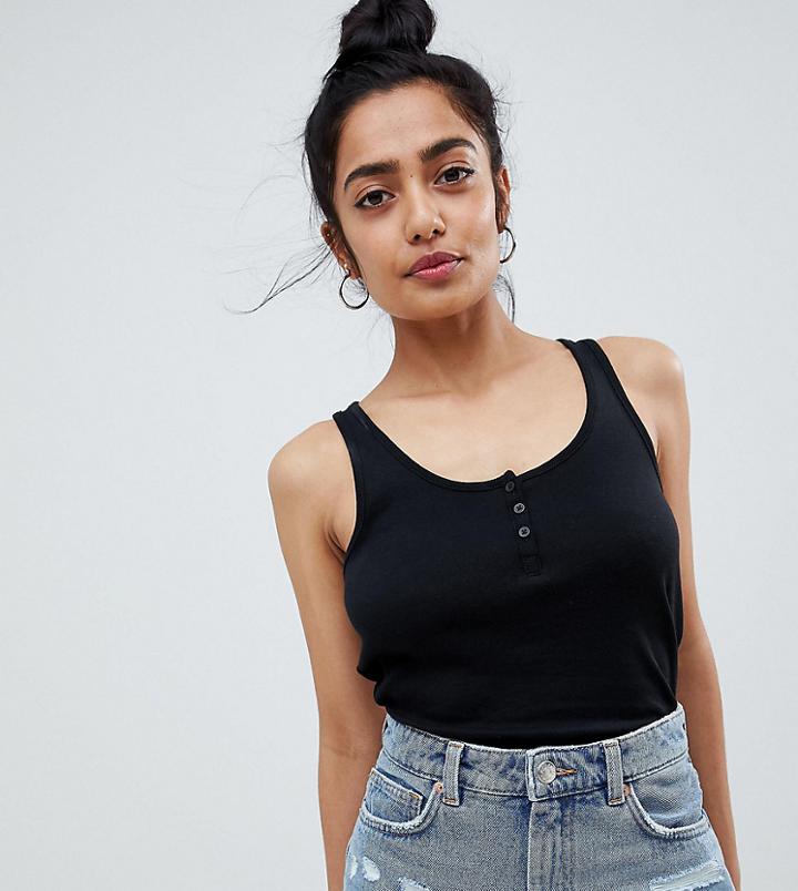 Asos Design Petite Button Tank In Rib In Black - Black