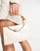 Asos Design Resin Clutch Bag With Metal Beaded Handle In Beige Marble-gold