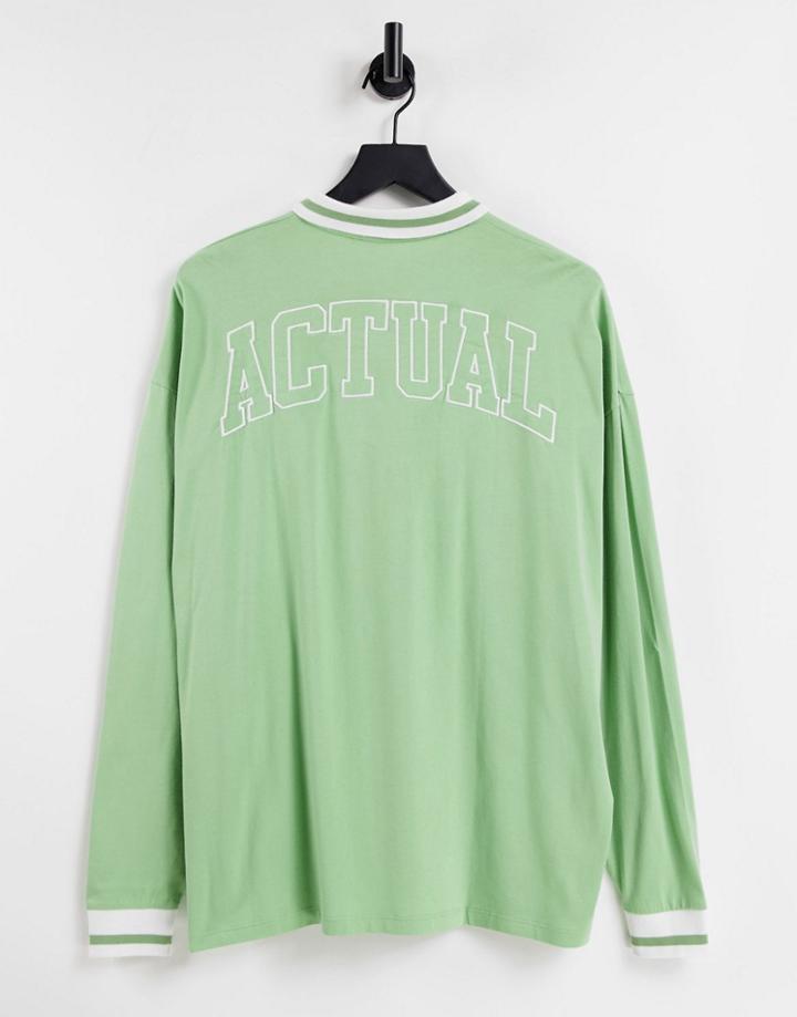 Asos Actual Oversized Long Sleeved Polo With Back Logo Embroidery In Green