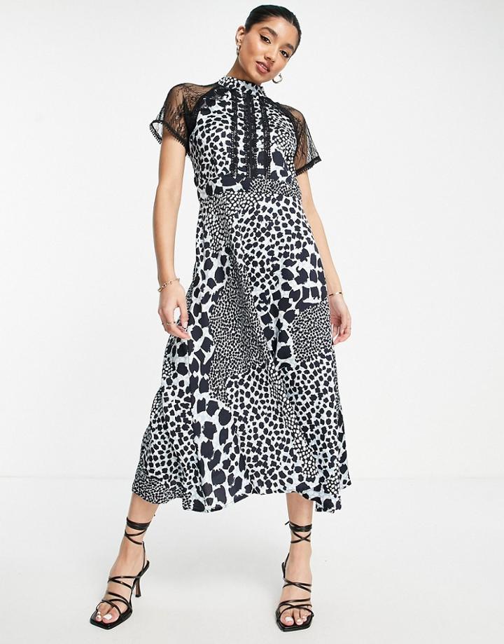 Liquorish A-line Midi Dress In Lace Black Animal Print