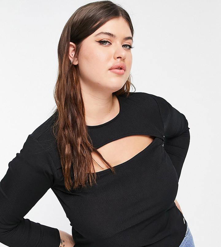 River Island Plus Cut Out Front Long Sleeved Top In Black