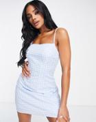 Missguided Square Neck Cami Skater Dress In Gingham In Blue