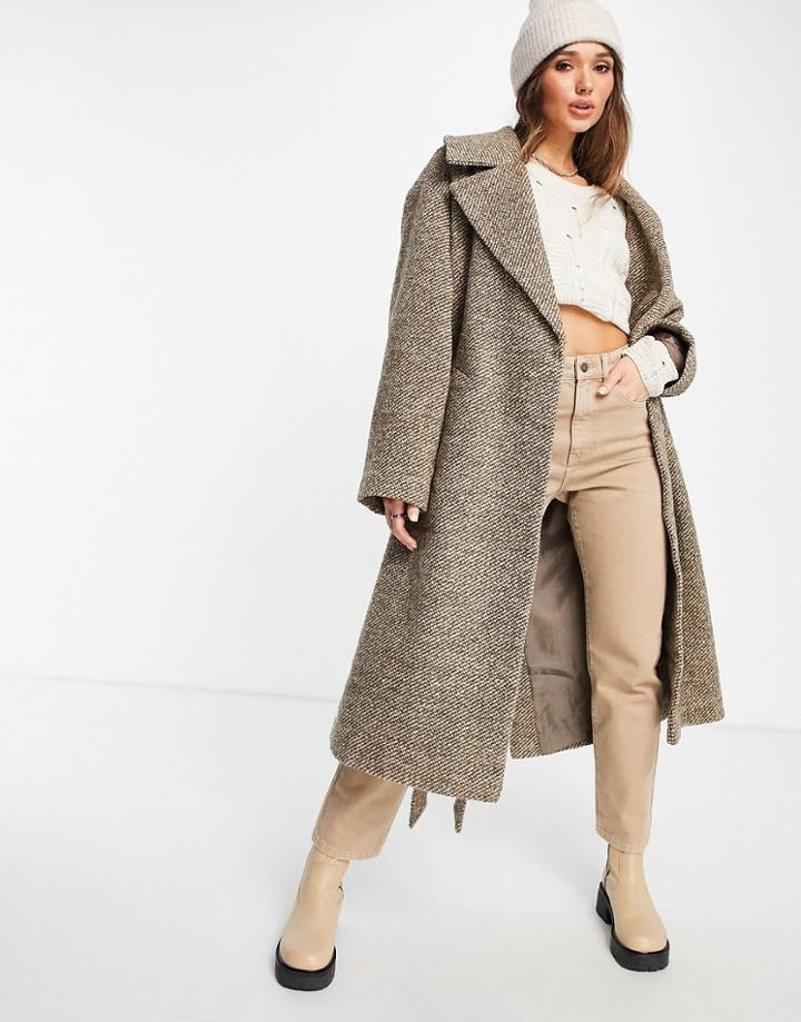 Asos Design Hero Robe Coat In Brown Herringbone