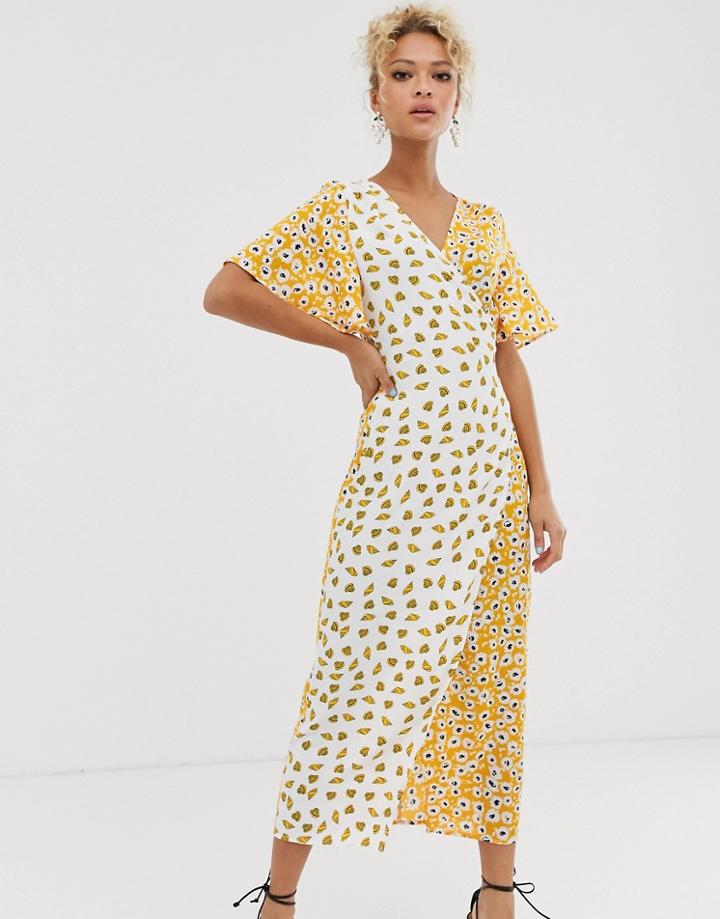 Never Fully Dressed Splice Wrap Midi Dress In Contrast Shell Print - Multi