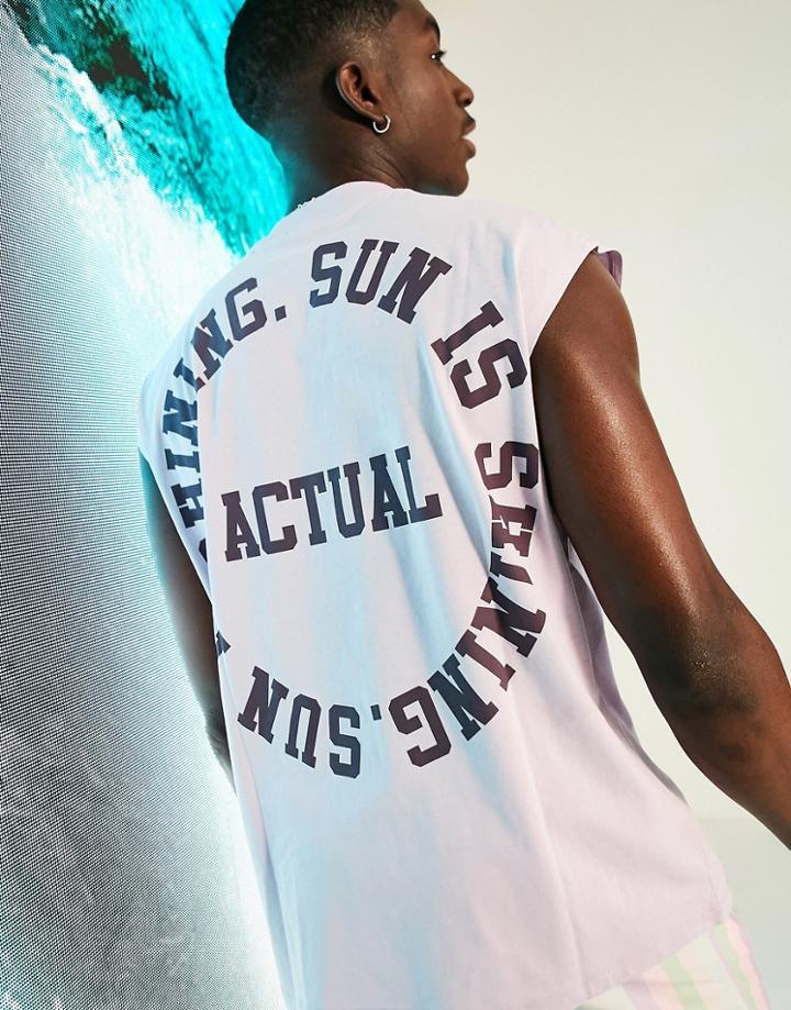 Asos Actual Oversized Tank With Slogan And Logo Puff Print In Lilac-purple