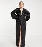 Yaura Plus Twist Front Balloon Sleeve Maxi Dress In Black