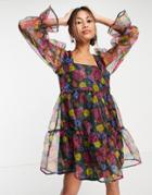 Twisted Wunder Smock Mini Organza Dress In Mixed Print Multi