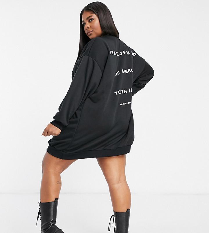 Asos Design Curve Oversized Sweatshirt Mini Dress With State Of Mind Logo In Black