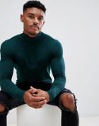 Asos Design Muscle Fit Long Sleeve T-shirt With Roll Neck In Green - Green