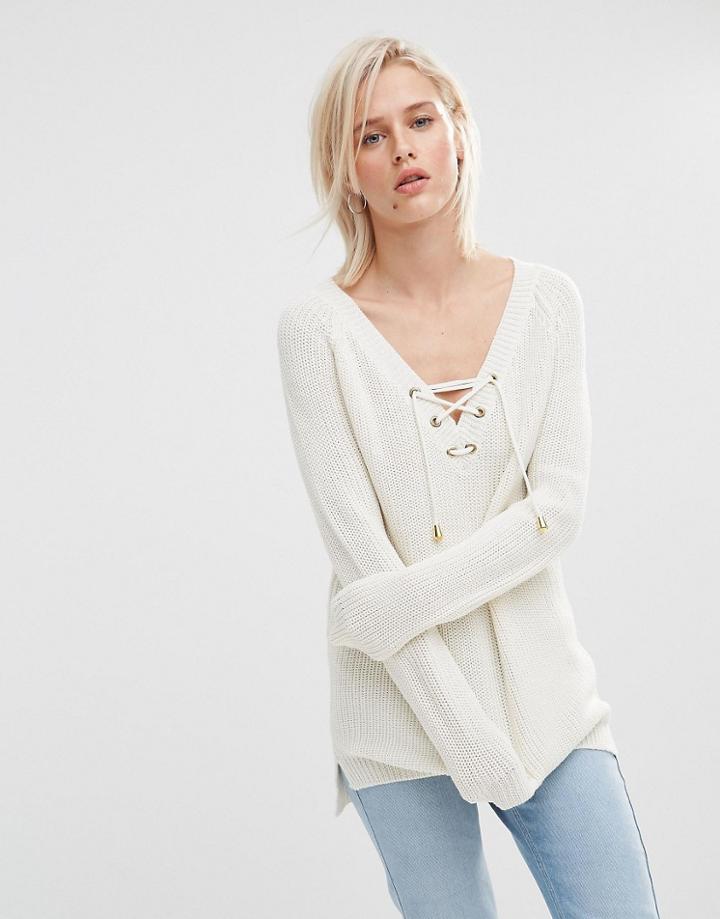 Brave Soul Tie Front Sweater - Cream
