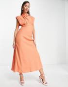 Asos Design High Neck Linen Midi Dress In Coral-orange