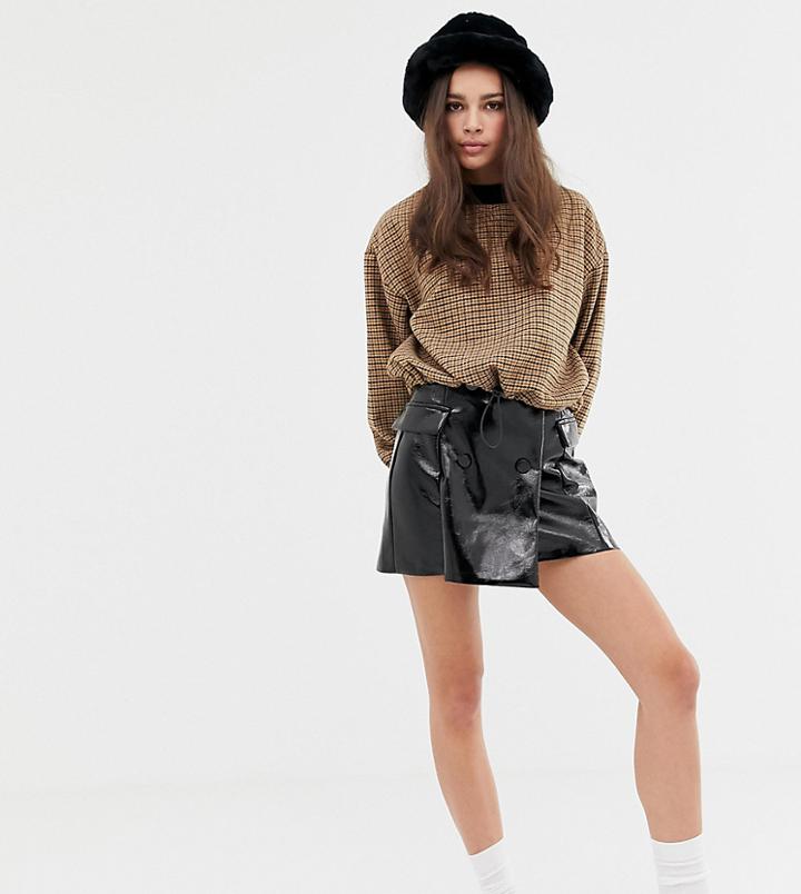 Bershka Patent Vinyl Button Front Skirt-black
