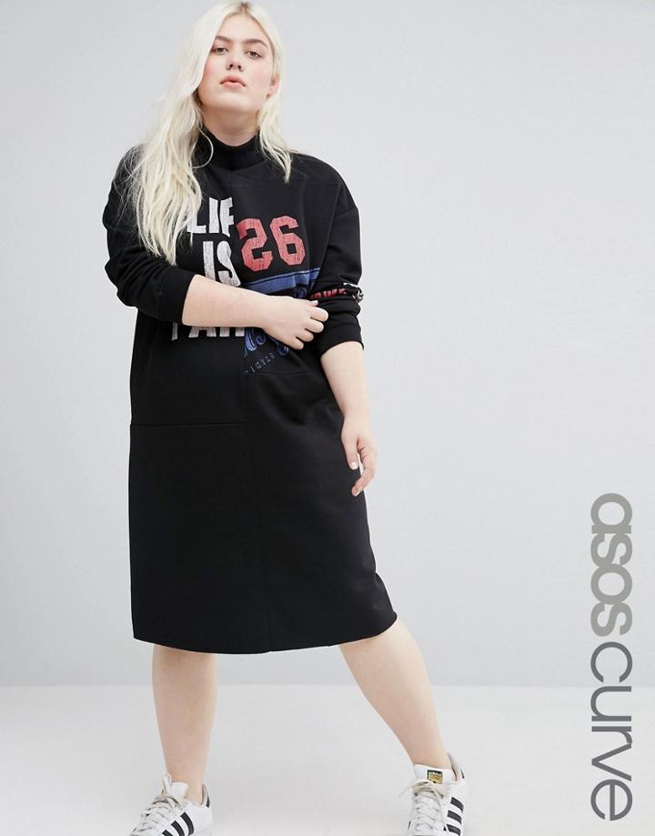 Asos Curve Patchwork Midi Sweat Dress With High Neck - Black