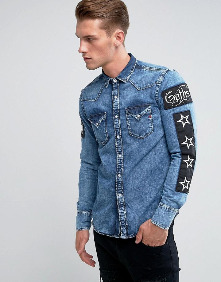 Replay Regular Fit Patches Denim Shirt - Blue