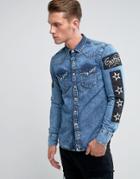 Replay Regular Fit Patches Denim Shirt - Blue