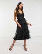 Forever U Organza Tiered Dress In Black Glitter