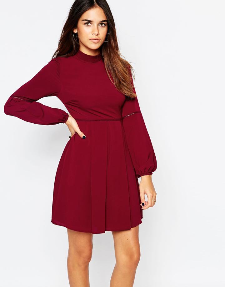 Warehouse High Neck Skater Dress - Berry