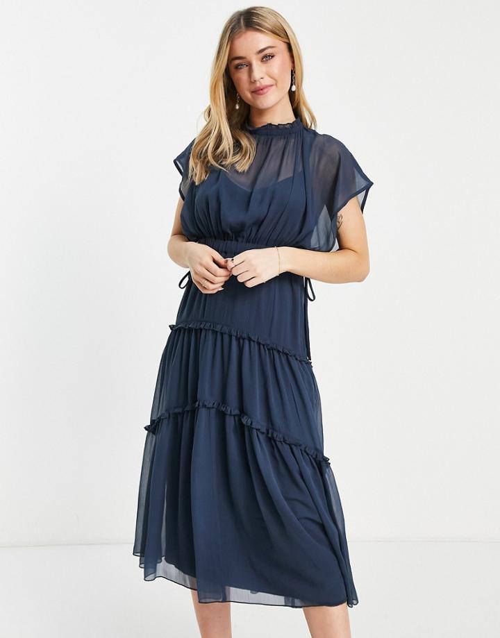 Asos Design High Neck Soft Midi Dress With Tiered Skirt In Dusty Blue-blues