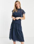 Asos Design High Neck Soft Midi Dress With Tiered Skirt In Dusty Blue-blues