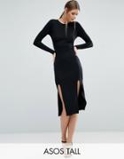 Asos Tall Long Sleeve Midi Bodycon Dress With Curved Splits - Black