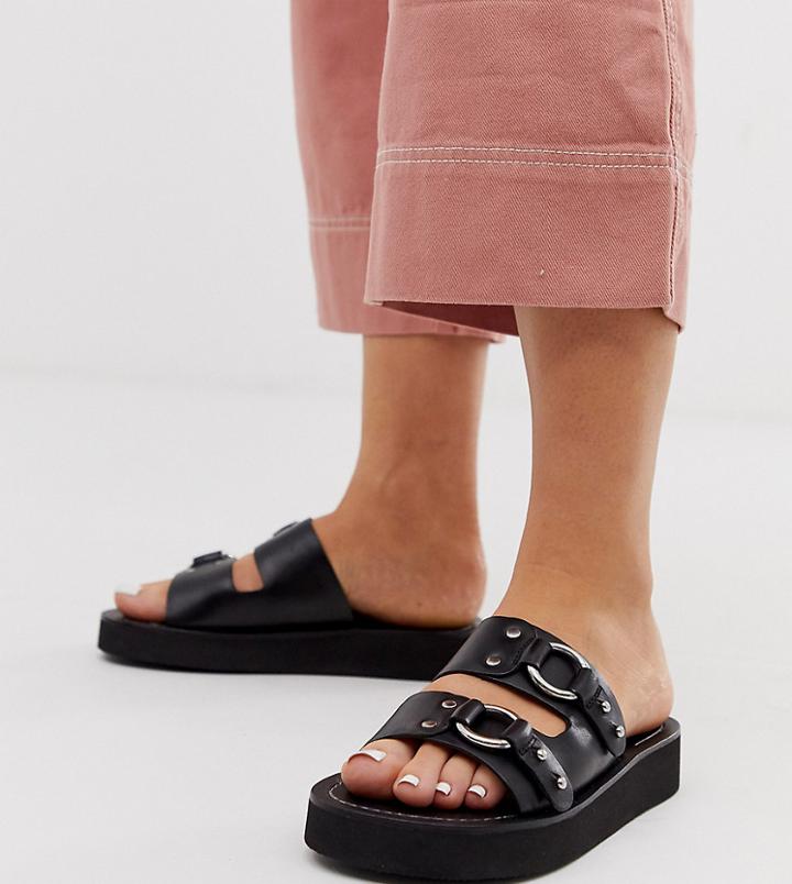 Asos Design Wide Fit Ficton Leather Hardware Flat Sandals In Black - Black