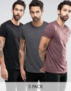 Asos 3 Pack T-shirt With Roll Sleeve In Black/charcoal/brown - Multi
