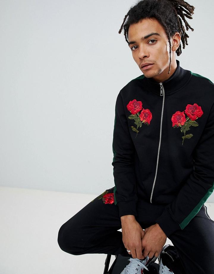Criminal Damage Track Top In Black With Roses And Taping - Black